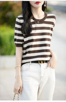 the CASHMERE - Sweater Short Sleeved Striped Sweater Pullover Knitted Cashmere Sweater for Women