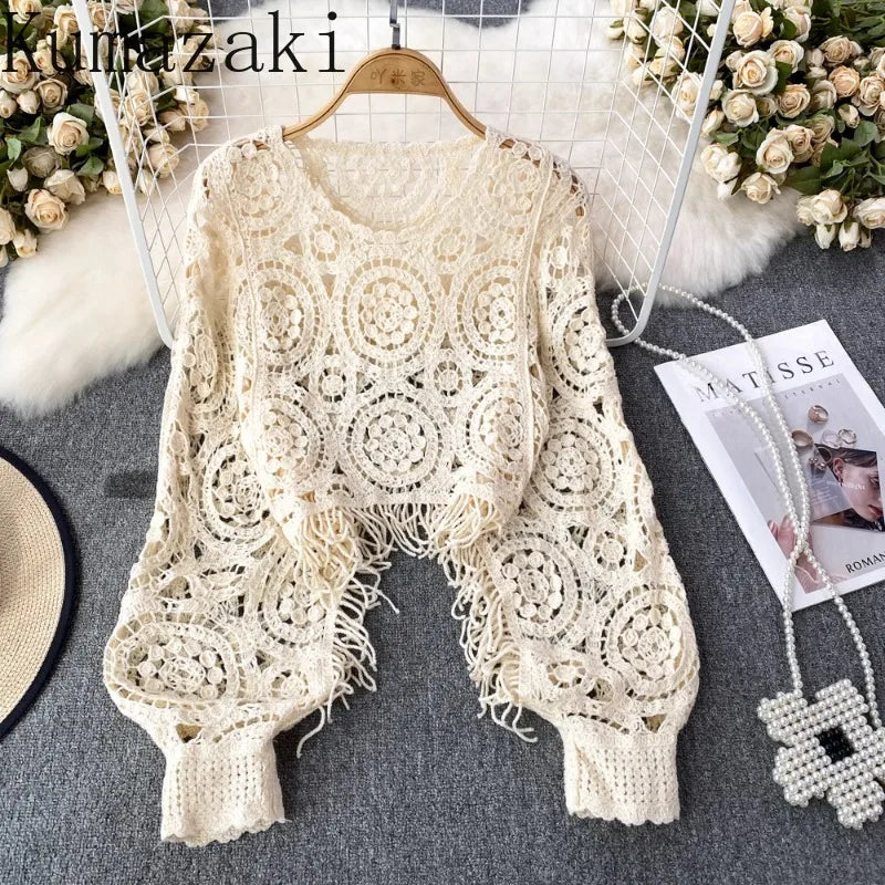 Retro ethnic style Knitted tops female tassel croche hollow out smock Female Dolman sleeve women's T-shirts casual ropa mujer