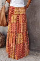 the PATCHWORK BOHO - Long Skirt Retro Loose Casual High Waist Skirt Bohemian Style Patchwork Pleated Pocket Skirt