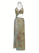 the SURVIVOR BOHO - Women Tie-Dye Print Dress Halter Neck Unique Hollow Cut-Out S-Ring Trim Flowy Long Dresses