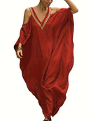 the KAFTAN BOHO - Plus Size Maroon V-Neck Kaftan Dress with Cold Shoulder Batwing Sleeves - Casual & Elegant Beach Cover-Up, Detail, Mid-Length for Women, Beach Dress