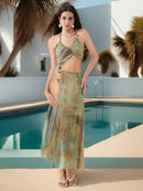 the SURVIVOR BOHO - Women Tie-Dye Print Dress Halter Neck Unique Hollow Cut-Out S-Ring Trim Flowy Long Dresses