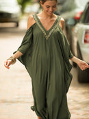 the KAFTAN BOHO - Plus Size Maroon V-Neck Kaftan Dress with Cold Shoulder Batwing Sleeves - Casual & Elegant Beach Cover-Up, Detail, Mid-Length for Women, Beach Dress