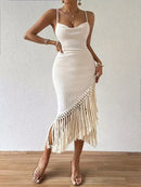 the FRINGE BOHO - Women's Fringe Hem Spaghetti Strap Dress Maxi Vacation Beach Outfit