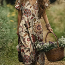 the BROWN PRAIRIE BOHO - Casual V-Neck Short Sleeve Polyester Long Dress, Elegant, All-Over Plants Print, No Pockets Dress for Vacation, Outdoor Wear
