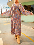 the ANGELIC COWGIRL - Paisley Print V-Neck Dress, Casual Long Sleeve Dress for Spring/Fall