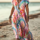 the TO DYE FOR BOHO - Vibrant Tie-Dye V-Neck Maxi Dress for Women - Casual Short Sleeve Summer Dress in Flowing A-Line Cut, Lightweight Polyester Blend, Perfect for Beach or Casual Attire, Beach Dress