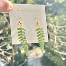 the FERNGULLY - Handcrafted Real Dried Leaf Resin Earrings - Bohemian Style Green Fern Leaf Design with Golden Hook, Unique Handmade Jewelry for Women, Perfect for Casual Attire or Parties, All-Season Accessory