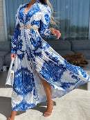 the ELEGANT LADY - Bohemian Style Women's Long Maxi Dress, Polyester V-Neck with Lantern Sleeves, Pop Print Pattern, Fitted Waist, No Belt, for All Seasons