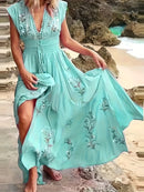 the TRANQUILITY BOHO - V-Neck French Beach Bohemian Print Dress