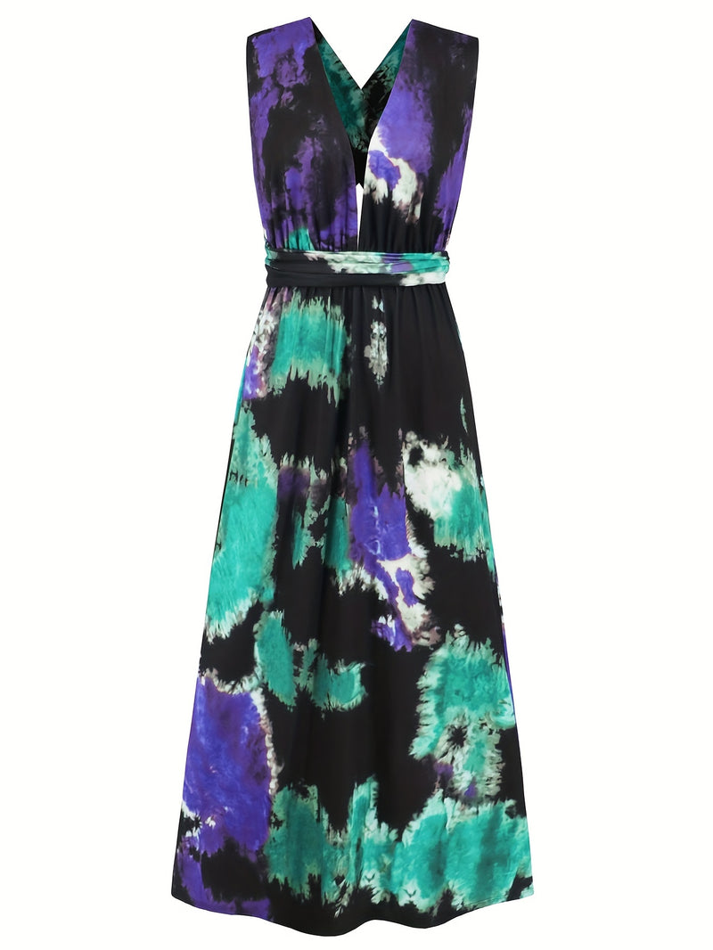 the TIE-DYE TIE-UP BOHO - Tie Dye Print Crisscross Lace Up Maxi Dress, Elegant Sleeveless Tank Dress for Spring & Summer, Women's Clothing