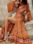 the ORANGE OASIS - Bohemian Floral Print Maxi Dress with Flutter Sleeves and Lace-Up Waist - Long V-Neck Wrap Dress for Women, Perfect for Vacation and Casual Wear, Bohemian Style