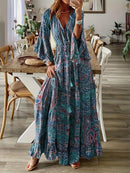 the PAISLEY PRINCESS - Boho Chic Floral Print V-Neck Maxi Dress with Bell Sleeves - High Waist, Long Length, Ruffled Hem, Lightweight Polyester Blend for Women - Perfect for Spring/Summer Casual Wear, Cute Dress