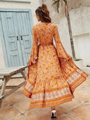 the ORANGE OASIS - Bohemian Floral Print Maxi Dress with Flutter Sleeves and Lace-Up Waist - Long V-Neck Wrap Dress for Women, Perfect for Vacation and Casual Wear, Bohemian Style