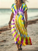 the SUNRAY BOHO - Women's Elegant V-Neck Tie-Dye Maxi Dress - Casual Long Sleeve Abstract Print Summer Beachwear, Flowy & Comfortable, Vibrant Tie-Dye Patterns, Perfect for Spring/Summer, Casual Summer Wear | V-Neck Dress Abstract Print Dress