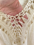 the TASSEL BOHO - Women's Bohemian V-Neck Tassel Dress - Loose-Fitting, Beige Maxi Dress with Fringe Detail, Perfect for Beach and Casual Attire, Beach Coverup | Bohemian Style |Tassel Detail Beach Dress