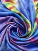 the BLUE AURA BOHO - Vibrant Tie-Dye Print V-Neck Maxi Dress for Women - Casual Short Sleeve Summer Beach Dress in Blues, Purples & Yellows, Autumn Attire | V-Neck Flowy Dress | Stretchable Fabric, Beach Clothes