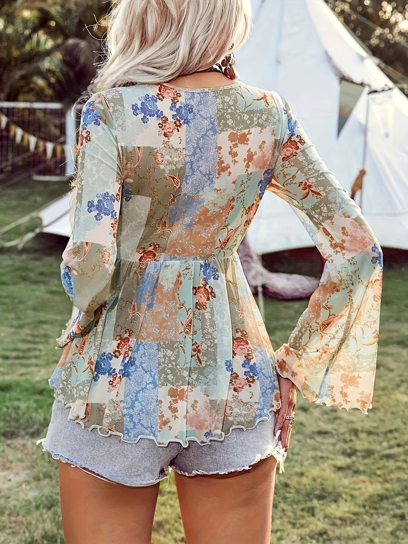 the PATCHWORK BOHO BLOUSE - Floral Print Tie Front Blouse, Elegant Flare Sleeve Lettuce Trim Plunging Neck Blouse for Summer & Spring, Women's Clothing