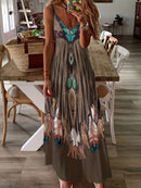 the TRIBAL TOTEM - Women's Western Style V-Neck Maxi Dress - Tribal Print, Sleeveless Knit Dress for Casual or Festive Wear