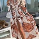 the ELEGANT LADY - Bohemian Style Women's Long Maxi Dress, Polyester V-Neck with Lantern Sleeves, Pop Print Pattern, Fitted Waist, No Belt, for All Seasons