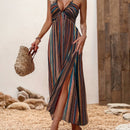 the BEACH BOHEMIAN - Women's Bohemian Style Long Beach Dress - Off-Shoulder, Striped Maxi Skirt with Knot Detail, Sleeveless A-Line Silhouette for Spring/Summer/Fall, Casual Vacation Attire | Vacation Ready | Bohemian Vibes