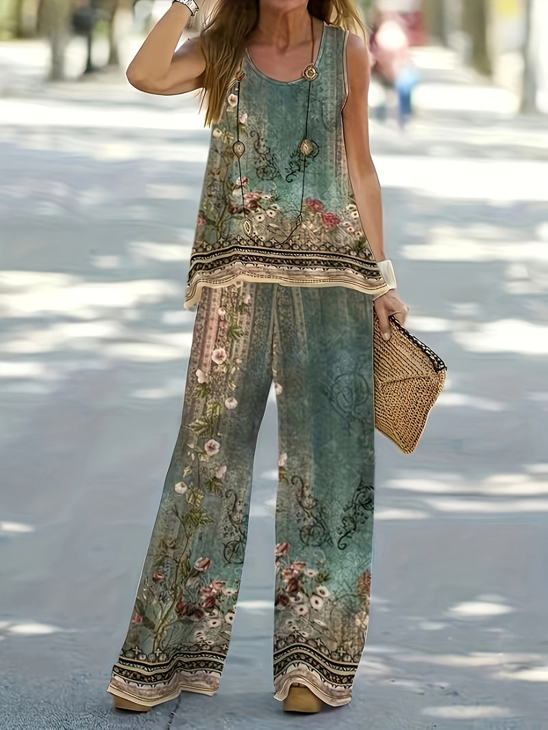 the VINTAGE ELEGANCE - Sleeveless Summer Floral Print Two Piece Set - Women's Casual Vest and Pants Set