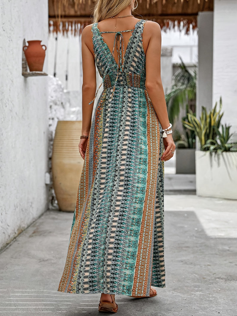 the STRIPED SUMMER - Vacation Style V-Neck Maxi Dress, Polyester Floral and Striped Print, Sleeveless Summer Waist Fitted Long Dress with Cross Hem