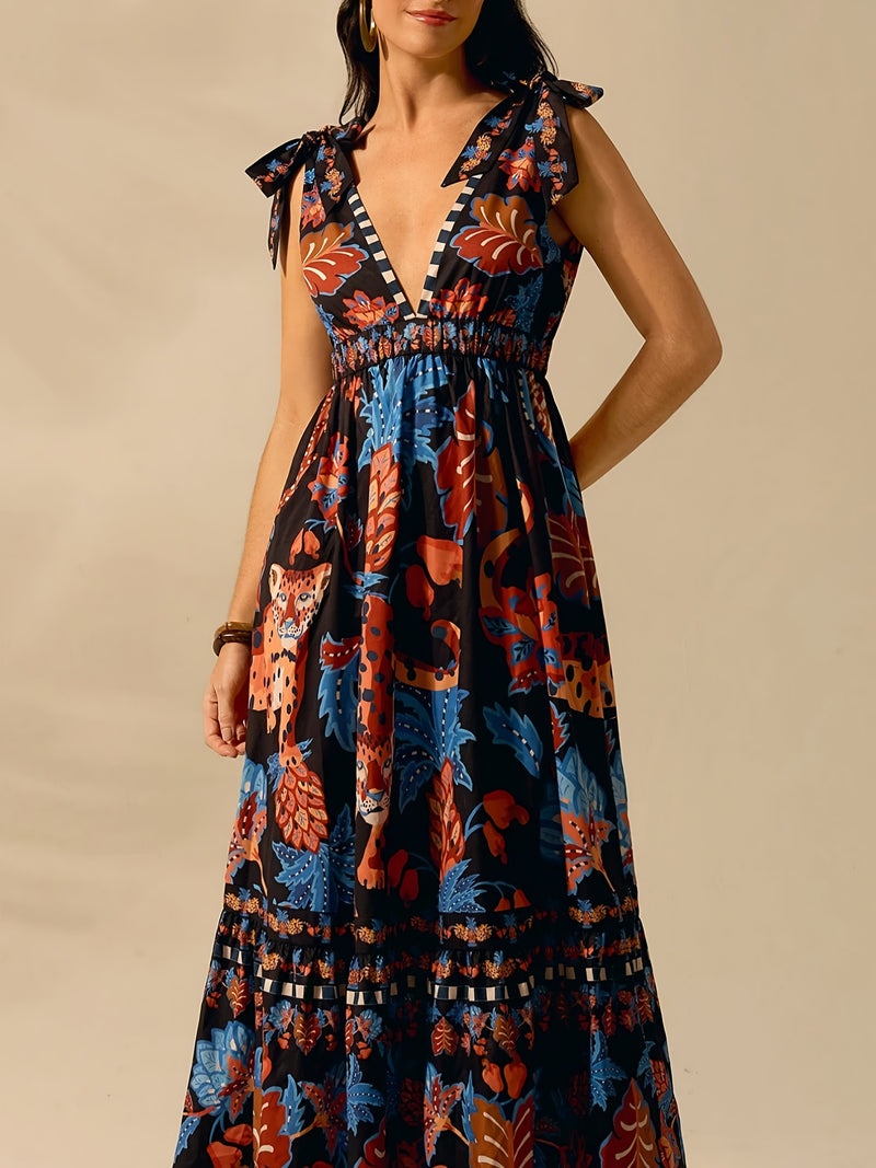 the MIDNIGHT JUNGLE - Fashionable and Elegant Women's Sleeveless Deep V-Neck Casual Vacation Beach Dress Featuring a Bohemian Style with Tropical Leopard, Pineapple and Toucan Prints, Perfect for Summer.