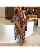 the BAROQUE BOHO WRAP - Women's Bohemian Vintage Maxi Dress - Long Sleeve V-Neck, Tropical Paisley Print with Lace Trim, Lightweight Polyester, Perfect for Travel, Vacations, Parties & Gifts