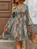 the PRETTY PAISLEY BOHO - Lightweight Design Elegant Paisley Print A-Line Dress for Women - Deep V-Neck, Layered Bell Sleeves, Cinched Waist, Polyester Blend, Machine Washable