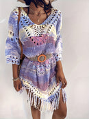 the BEACH BOHO - Women's Bohemian Crochet Fringe Hem Cowl Neck Dress - Lightweight Tie-Dye Pattern, Long Sleeve Casual Summer Dress for Beach Outings & Festivals, Festival Attire | Intricate Craftsmanship