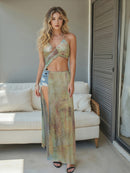 the SURVIVOR BOHO - Women Tie-Dye Print Dress Halter Neck Unique Hollow Cut-Out S-Ring Trim Flowy Long Dresses