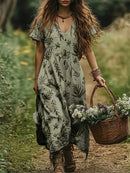 the OLIVE BRANCH BOHO - Boho Chic Floral Print Maxi Dress for Women - Elegant V-Neck, Short Sleeve, Cinched Waist A-Line Dress with Ruffled Hem, Lightweight Polyester Blend, Perfect for Spring & Summer Outings, Vacations, and Casual Wear, Vacation Boho