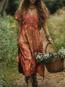 the BURNT OFFERING BOHO - Women's Bohemian Floral Print V-Neck Maxi Dress - Lightweight Polyester-Spandex Blend, Short Sleeve A-Line Dress with Relaxed Fit & Machine Washable for Vacation, Casual Outings, Beach Trips, Beach Dresses