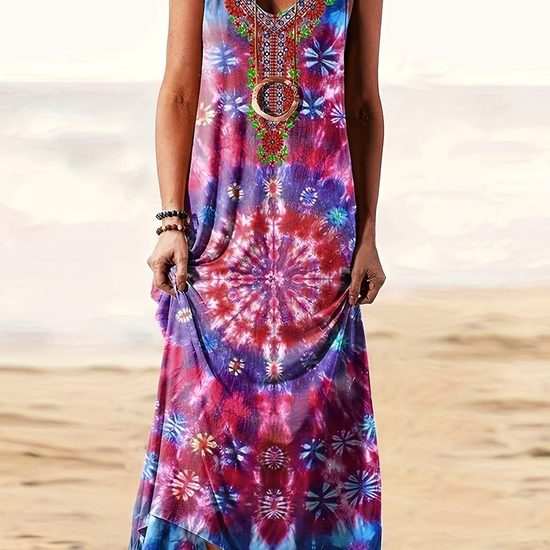 the HAPPY HIPPIE BOHO - Boho Abstract Print Tank Dress, Vintage Sleeveless Dress for Spring & Summer