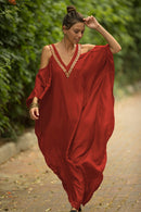 the KAFTAN BOHO - Plus Size Maroon V-Neck Kaftan Dress with Cold Shoulder Batwing Sleeves - Casual & Elegant Beach Cover-Up, Detail, Mid-Length for Women, Beach Dress