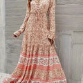 the APRICOT BOHO - Women's Floral V-Neck Maxi Dress - Long Sleeve, Tiered Ruffle Hem, Drawstring Detail, Machine Washable - Perfect for All Seasons