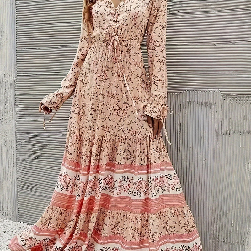 the APRICOT BOHO - Women's Floral V-Neck Maxi Dress - Long Sleeve, Tiered Ruffle Hem, Drawstring Detail, Machine Washable - Perfect for All Seasons