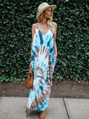the BAGGY BOHO - Stylish Tie-Dye Knitted Dress with a Relaxed Vacation Vibe, Featuring Thin Straps, V-Neck, Pockets and Loose Long Design for Women's Casual Wear