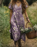 the LAVENDER FIELDS - Bohemian Folk Digital Print Short-Sleeve Linen Dress