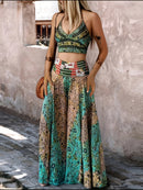 the COACHELLA BOHO - Printed Suspender Elastic Waist Skirt and Wide Leg Pants Two-Piece Set
