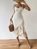 the FRINGE BOHO - Women's Fringe Hem Spaghetti Strap Dress Maxi Vacation Beach Outfit