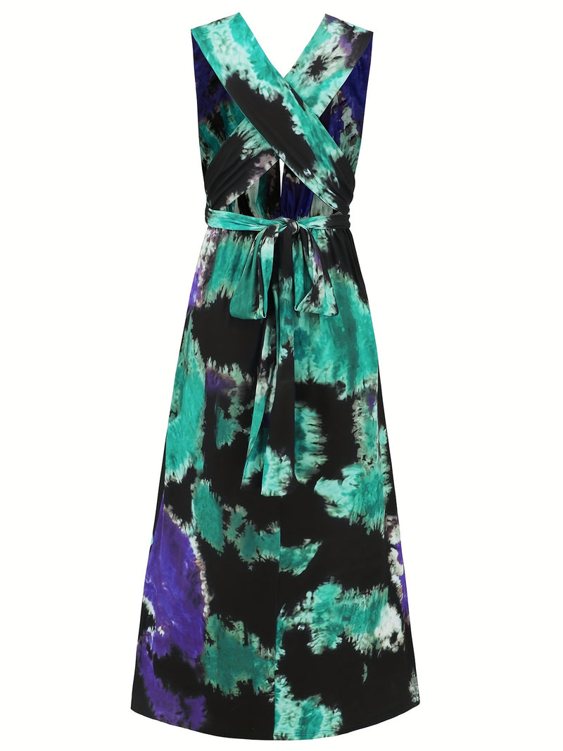 the TIE-DYE TIE-UP BOHO - Tie Dye Print Crisscross Lace Up Maxi Dress, Elegant Sleeveless Tank Dress for Spring & Summer, Women's Clothing