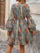 the PRETTY PAISLEY BOHO - Lightweight Design Elegant Paisley Print A-Line Dress for Women - Deep V-Neck, Layered Bell Sleeves, Cinched Waist, Polyester Blend, Machine Washable