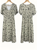 the OLIVE BRANCH BOHO - Boho Chic Floral Print Maxi Dress for Women - Elegant V-Neck, Short Sleeve, Cinched Waist A-Line Dress with Ruffled Hem, Lightweight Polyester Blend, Perfect for Spring & Summer Outings, Vacations, and Casual Wear, Vacation Boho