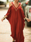 the KAFTAN BOHO - Plus Size Maroon V-Neck Kaftan Dress with Cold Shoulder Batwing Sleeves - Casual & Elegant Beach Cover-Up, Detail, Mid-Length for Women, Beach Dress