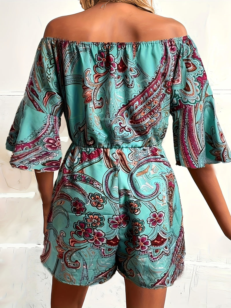 the PAISLEY ROMPER - Paisley Print Off Shoulder Romper Jumpsuit, Vacation Bell Sleeve Cinched Waist Romper Jumpsuit, Women's Clothing