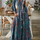 the PAISLEY PRINCESS - Boho Chic Floral Print V-Neck Maxi Dress with Bell Sleeves - High Waist, Long Length, Ruffled Hem, Lightweight Polyester Blend for Women - Perfect for Spring/Summer Casual Wear, Cute Dress