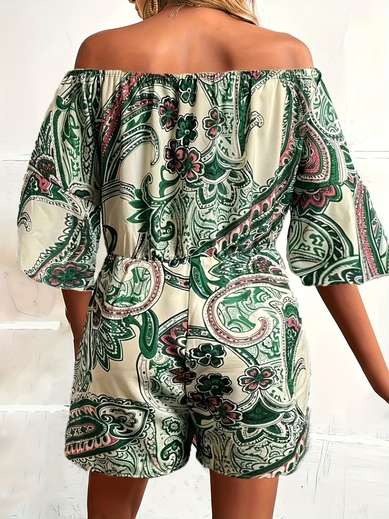 the PAISLEY ROMPER - Paisley Print Off Shoulder Romper Jumpsuit, Vacation Bell Sleeve Cinched Waist Romper Jumpsuit, Women's Clothing