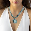the TURQUOISE MOON - Women Lady Retro Vintage Bohemian Style Twist Woven Rope Chain Turquoise Rhinestone Pendant Collar Necklace Fashion Jewelry